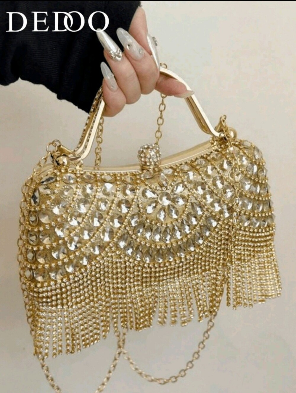 Gold Crystal Fringe Evening Wristlet